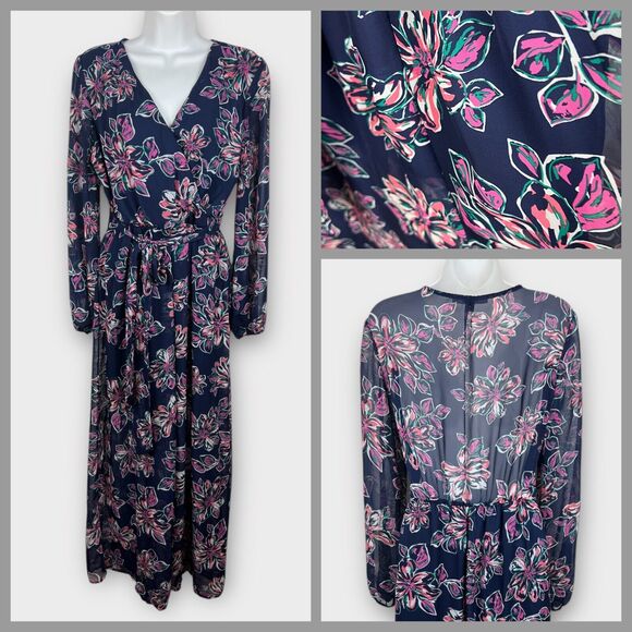 New Look Chiffon Long Sleeve Blue Floral Maxi Dress Size Medium Bohemian - Picture 1 of 10